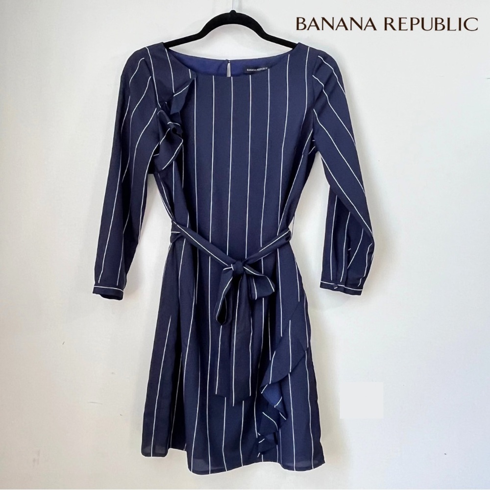 Banana Republic Navy and White Vertical Stripe Long Sleeve Dress with Tie Waist